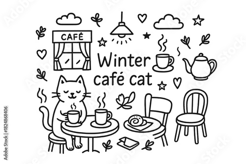 Winter Café Cat. Winter café cat. Hand-drawn doodle illustration of Winter café cat. Cat, coffee cup, café