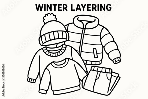 Winter Clothing Coloring. Winter layering flat lay children’s coloring book illustration, outlined drawing,