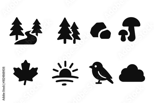 Woodland Icon Set. Woodland Path. Filled icon set of Woodland Path: forest path, pine trees, rocks, mushrooms,