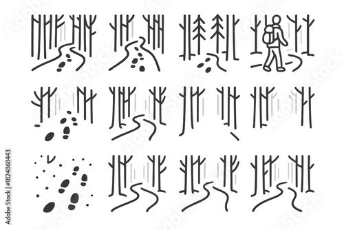 Misty Woodland Icons. Misty woodland walk. Line outline icon set of misty woodland walk: foggy forest trail,