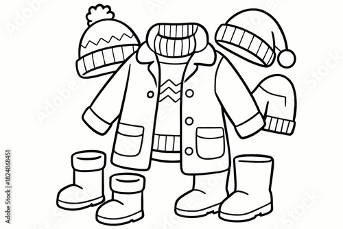 Cozy Winter Coloring. Cozy winter ensemble children’s coloring book illustration, outlined drawing, winter