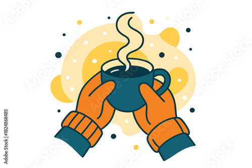 Cozy Coffee Moment. Warm beverage scene. Hands wearing cozy gloves, holding cup of coffee, steam curling