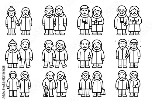 Winter Elderly Icons. Winter elderly stroll. Line outline icon set of winter elderly stroll: couple holding