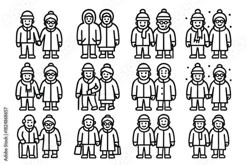Winter Elderly Icons. Winter elderly couple. Line outline icon set of winter elderly couple: elderly man and