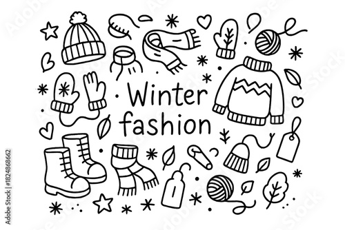 Winter Fashion Doodles. Winter fashion. Hand-drawn doodle illustration of Winter fashion. Beanies, scarves,
