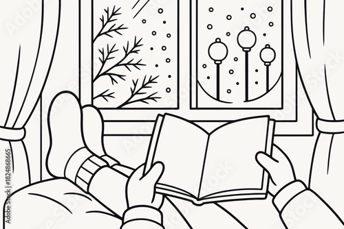 Cozy Winter Reading. Evening winter reading children’s coloring book illustration, outlined drawing, person