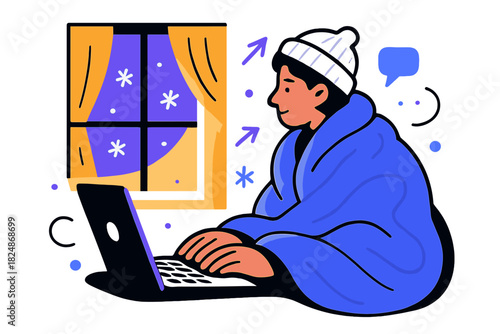 Cozy Winter Productivity. Winter remote work. Person wrapped in cozy blanket, laptop open, soft light from