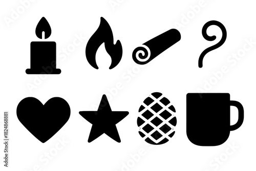 Winter Aroma Icons. Winter Aroma. Filled icon set of Winter Aroma: candle, flame, cinnamon stick, steam swirl,