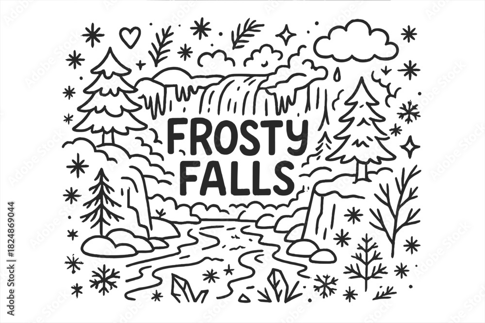 Obraz premium Frosty Falls Illustration. Frosty Falls. Hand-drawn doodle illustration of Frosty Falls. Waterfall, icicles,