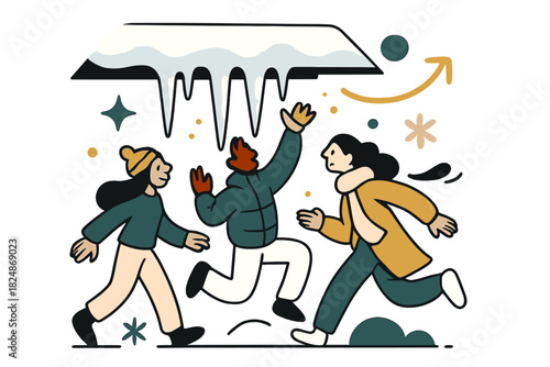 Winter Rooftop Icicles. Rooftop icicles in winter. Sharp translucent icicles hanging from snow-covered roof,