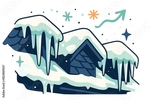 Winter Roof Icicles. Icicles on snowy rooftops. Long transparent icicles hanging from roof edges, snow-covered