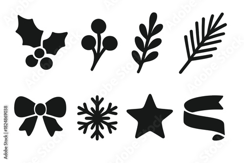 Festive Branch Icons. Festive Branches. Filled icon set of Festive Branches: holly leaf, berry cluster, branch