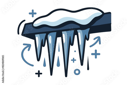 Dynamic Winter Icicles. Icicles hanging from roof eaves. Sharp ice formations on winter rooftops, snow resting