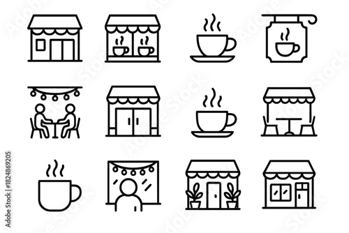Festive Café Icons. Festive café icons. Line outline icon set of festive café icons: small café building, café