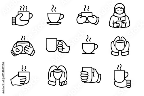 Winter Beverage Icons. Winter beverage icons. Line outline icon set of winter beverage icons: hand in mitten