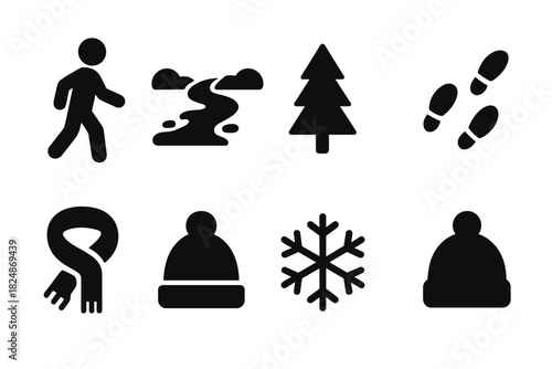 Frozen River Icons. Frozen River Stroll. Filled icon set of Frozen River Stroll: person, frozen river,