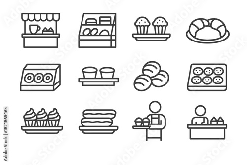 Pastry Icons Display. Pastry display icons. Line outline icon set of pastry display icons: café counter with