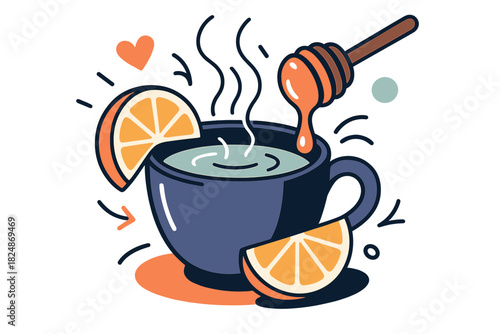 Cozy Tea Moment. Cup of tea with honey and lemon. Warm tea steaming in cup, lemon wedge on rim, honey dripping