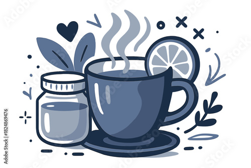 Cozy Tea Moment. Cozy tea with honey and lemon. Steaming beverage in cup, honey jar nearby, slice of lemon on
