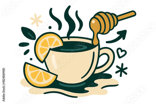 Cozy Winter Tea. Warm tea with honey and lemon slice. Steaming beverage in cup, lemon wedge on rim, wooden