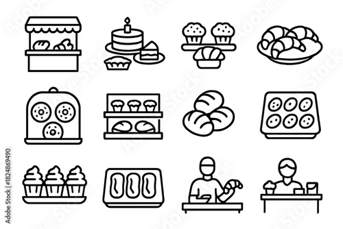 Festive Pastry Icons. Festive pastry counter. Line outline icon set of festive pastry counter: café counter