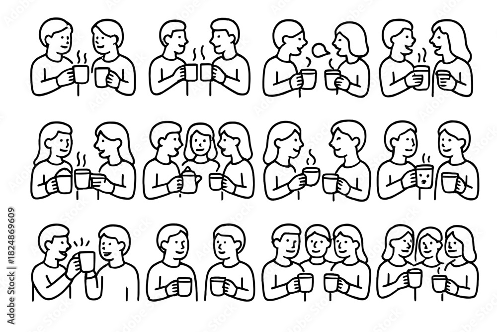 Obraz premium Holiday Drink Icons. Holiday drink chat. Line outline icon set of holiday drink chat: friends holding steaming