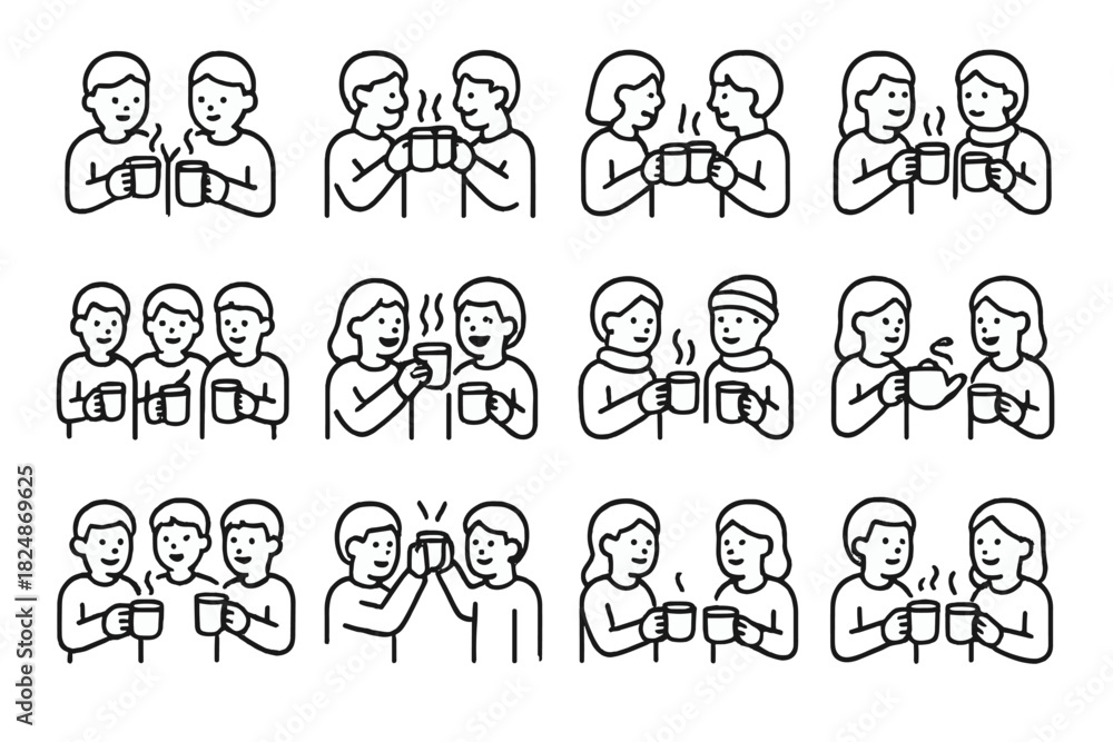 Obraz premium Festive Drink Icons. Festive hot drinks. Line outline icon set of festive hot drinks: friends holding mugs,