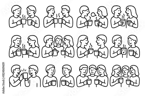 Holiday Drink Icons. Holiday drink chat. Line outline icon set of holiday drink chat: friends holding steaming