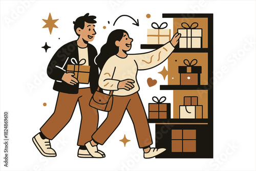 Festive Gift Shopping. Couple shopping for gifts. Young man and woman selecting presents from boutique shelves