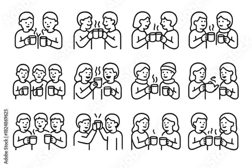 Festive Drink Icons. Festive hot drinks. Line outline icon set of festive hot drinks: friends holding mugs,