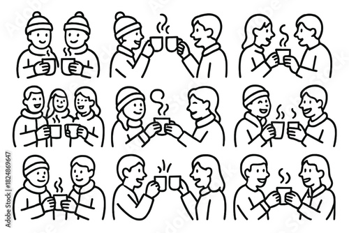 Winter Beverage Icons. Winter hot beverage icons. Line outline icon set of winter hot beverage icons: two