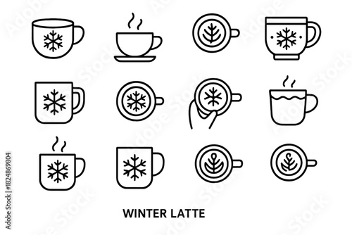 Winter Latte Icons. Winter latte icons. Line outline icon set of winter latte icons: cup of latte with