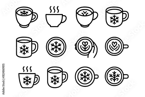 Winter Latte Icons. Winter beverage art. Line outline icon set of winter beverage art: cup of latte with
