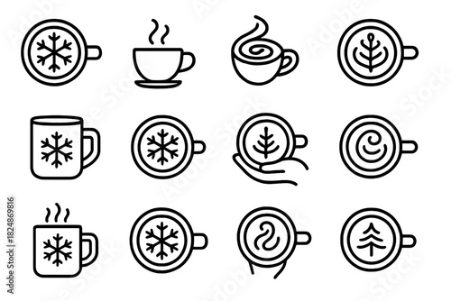 Winter Latte Art Icons. Winter latte art icons. Line outline icon set of winter latte art icons: cup of latte