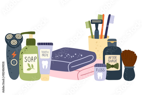 Men’s bathroom essentials — shaving razor, electric shaver, soap dispenser, toothpaste, dental floss, toothbrushes in a cup, aftershave bottle, and folded towels. Grooming items, male hygiene supplies
