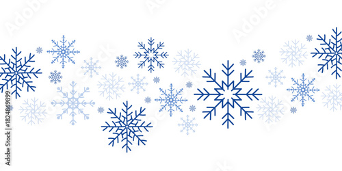 Blue snowflakes border illustration — winter background with various snowflake shapes in different sizes. Frozen icy design, cold seasonal decoration, Christmas and New Year theme. Perfect for holiday