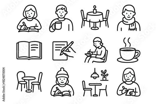Festive Writing Icons. Festive writing icons. Line outline icon set of festive writing icons: person