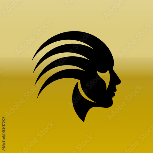Stylized black lion profile with flowing mane on golden background