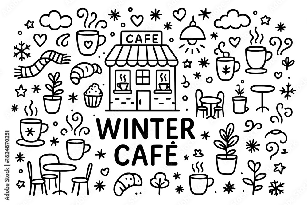 Obraz premium Winter Café Doodle. Winter Café. Hand-drawn doodle illustration of Winter Café. Café building, windows with