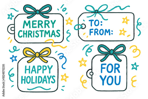 Festive Doodle Decor. Festive Tags — Doodle / Sketch: hand-drawn uneven letters; doodled tags, bows, stars,
