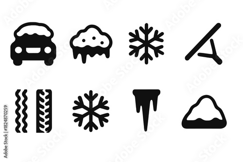 Snow-Covered Car Icons. Snow-Covered Car. Filled icon set of Snow-Covered Car: car, snow layer, snowflake,