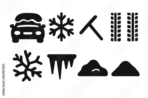Snowy Car Icons. Snowy Car. Filled icon set of Snowy Car: car, snow layer, snowflake, windshield wiper, tire