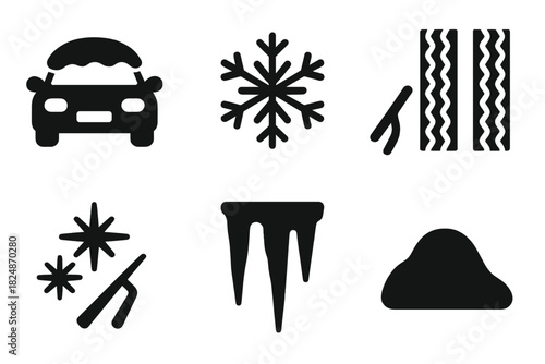 Overnight Snow Car Icons. Overnight Snow Car. Filled icon set of Overnight Snow Car: car, snow layer,