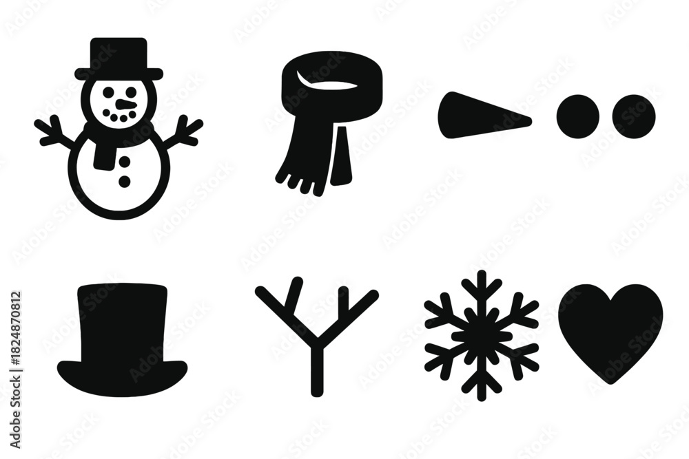 Fototapeta premium Frosty Snowman Icons. Frosty Snowman. Filled icon set of Frosty Snowman: snowman, scarf, carrot nose, coal