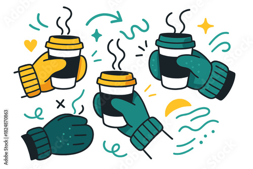 Cozy Coffee Moments. Coffee to-go cups with mittens holding them. Hands in cozy winter mittens gripping