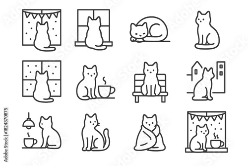 Festive Café Cats. Festive café cat. Line outline icon set of festive café cat: cat on windowsill, cat looking