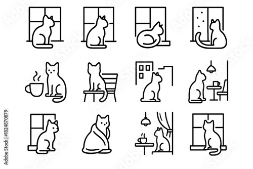 Cozy Winter Cat Icons. Winter cozy cat. Line outline icon set of winter cozy cat: cat on windowsill, cat