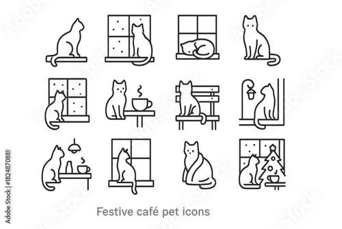 Festive Café Cats. Festive café pet icons. Line outline icon set of festive café pet icons: cat on windowsill,