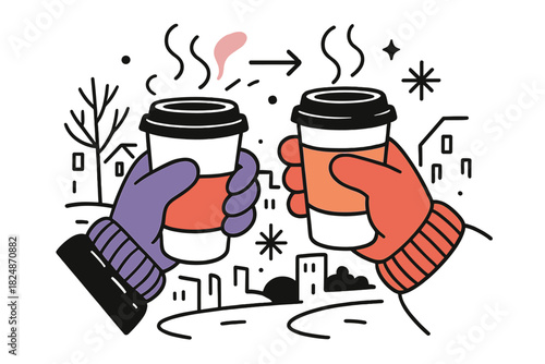 Cozy Coffee Moments. Coffee to-go in cozy mittens. Hands gripping warm takeaway cups, colorful mittens, steam