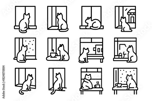 Café Window Cat Icons. Cat sitting by café window. Line outline icon set of cat sitting by café window: cat on